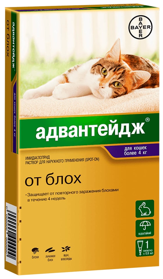 Капли для котят и кошек Bayer Адвантейдж более 4кг от блох 1 пипетка*0.8мл