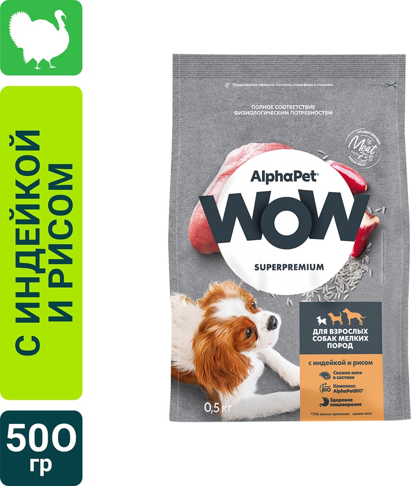 Сухой корм для собак AlphaPet Wow SuperPremium с индейкой и рисом 500г