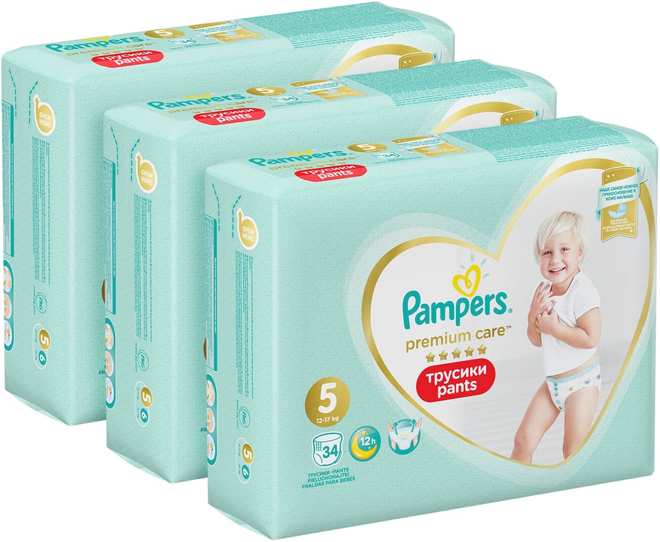 Подгузники трусики Pampers Premium Care 5 размер / 12-17кг ультрамягкие 34шт (упаковка 2 шт.)