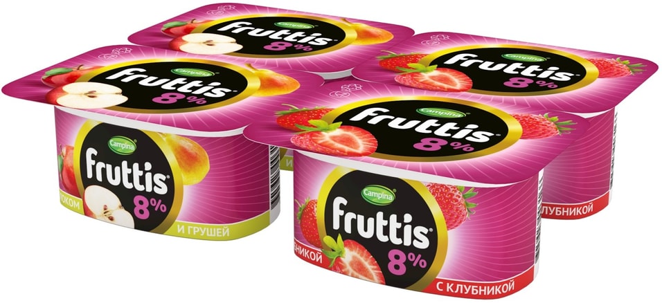 Продукт йогуртный Fruttis Клубника Яблоко-груша Клубника 8% 4шт*115г