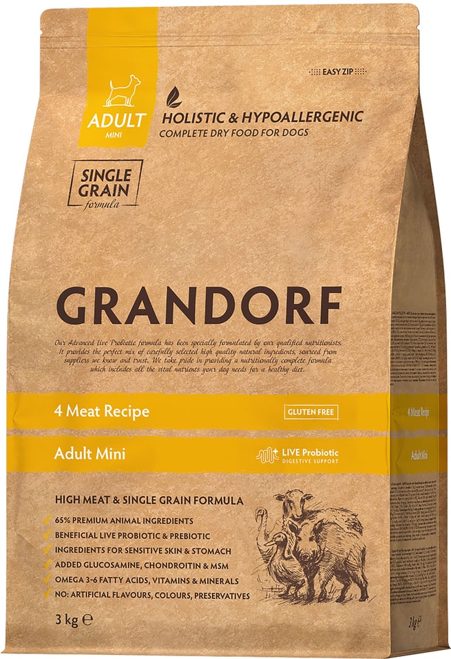 Сухой корм для собак Grandorf Adult Mini для мелких пород 4 вида мяса 3кг