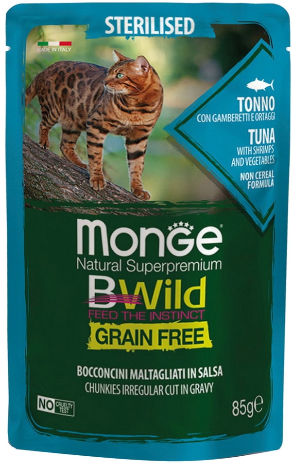 Влажный корм для стерилизованных кошек Monge BWild Grain Free беззерновой из тунца с креветками и овощами 85г