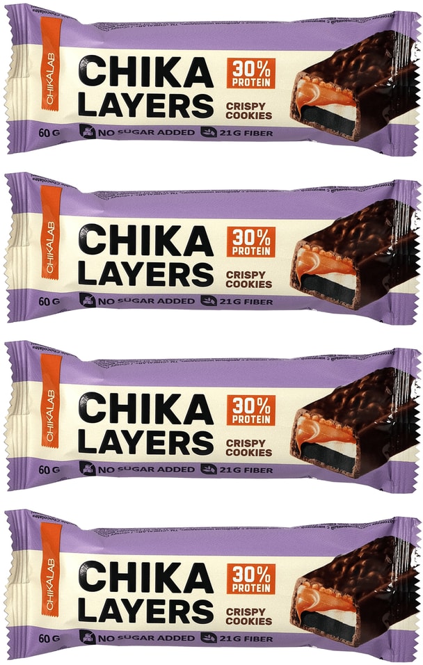 Батончик без сахара Chikalab layers Хрустящее печенье с двойным шоколадом 60г (упаковка 4 шт.)