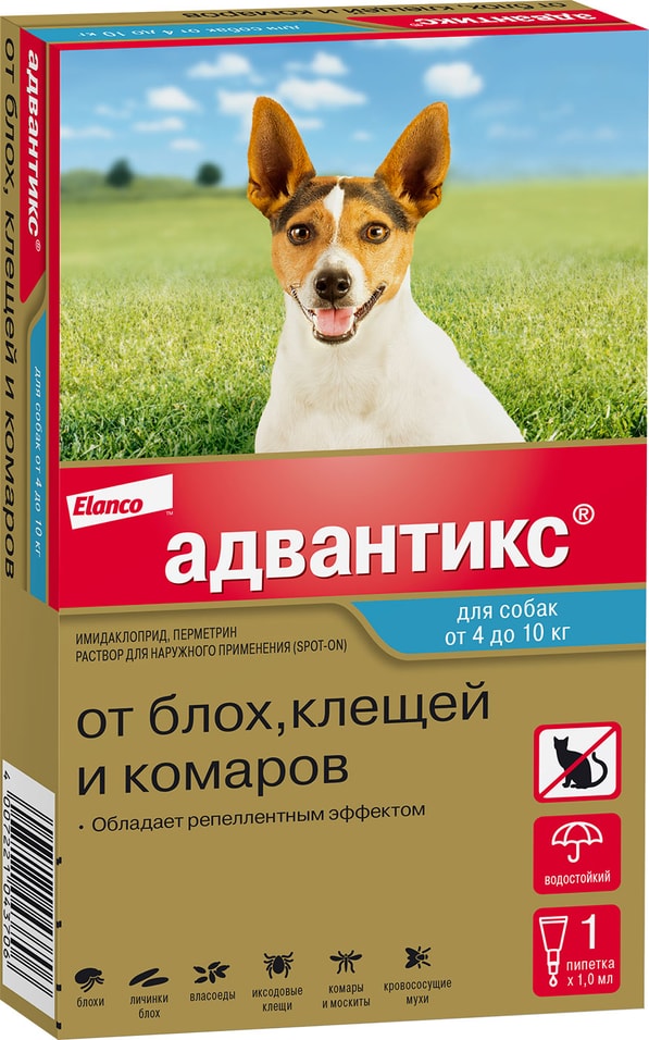 Капли для собак Bayer Адвантикс 4-10кг от блох и клещей 1 пипетка*1мл