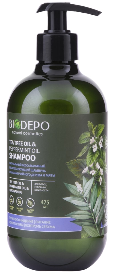 Шампунь для волос Biodepo себорегулирующий с эфирными маслами чайного дерева и мяты 475мл