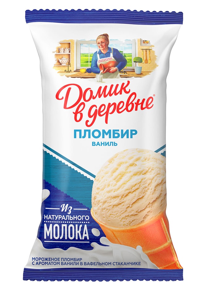 Мороженое Домик в деревне пломбир с ароматом ванили в вафельном стаканчике 12% 80г