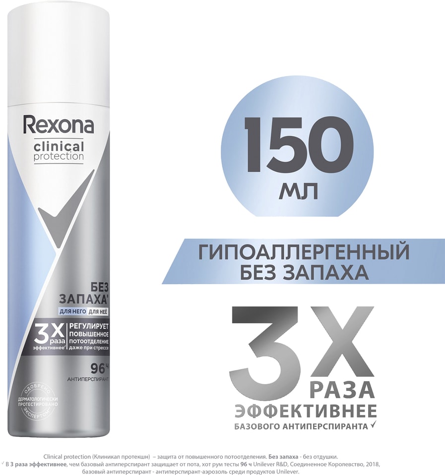 Антиперспирант-дезодорант Rexona Clinical protection Гипоаллергенный без запаха 150мл