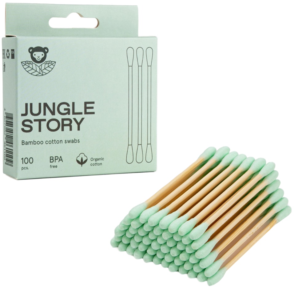 Палочки ватные Jungle Story с Зеленым ультрамягким хлопком 100шт