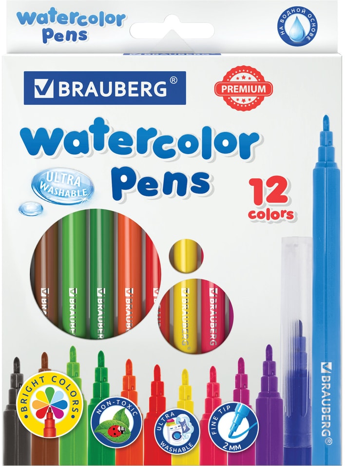 Фломастеры Brauberg Premium ультра-смываемые 12 цветов