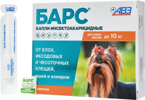 Капли против блох и клеще Барс для собак 2-10кг 1 пипетка 14мл 155₽