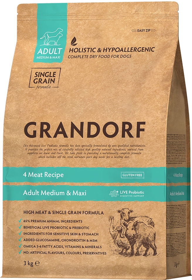 Сухой корм для собак Grandorf Adult Medium & Maxi для средних и крупных пород 4 вида мяса 3кг