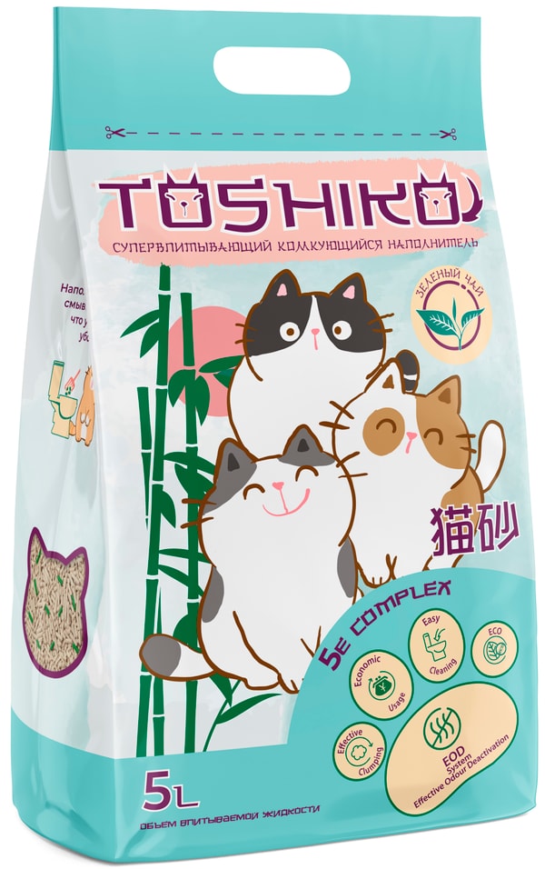 Наполнитель для кошачьего туалета Toshiko Зеленый чай комкующийся древесный 1.9кг 5л
