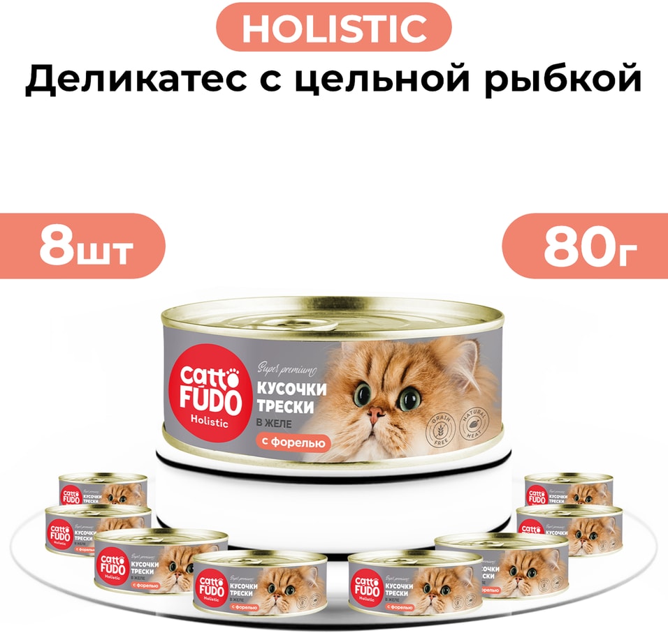 Влажный корм для кошек Cattofudo Holistic Кусочки трески с форелью в желе 880г 1050₽