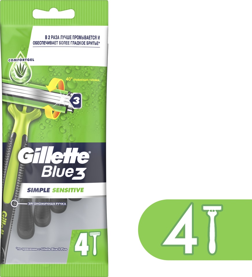 Бритвы Gillette Blue 3 Simple Sensitive одноразовая 4шт 299₽
