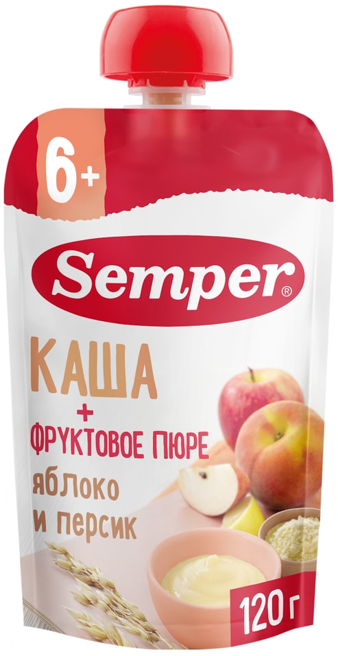 Пюре Semper Яблоко и Персик с кашей с 6 месяцев 120г 262₽