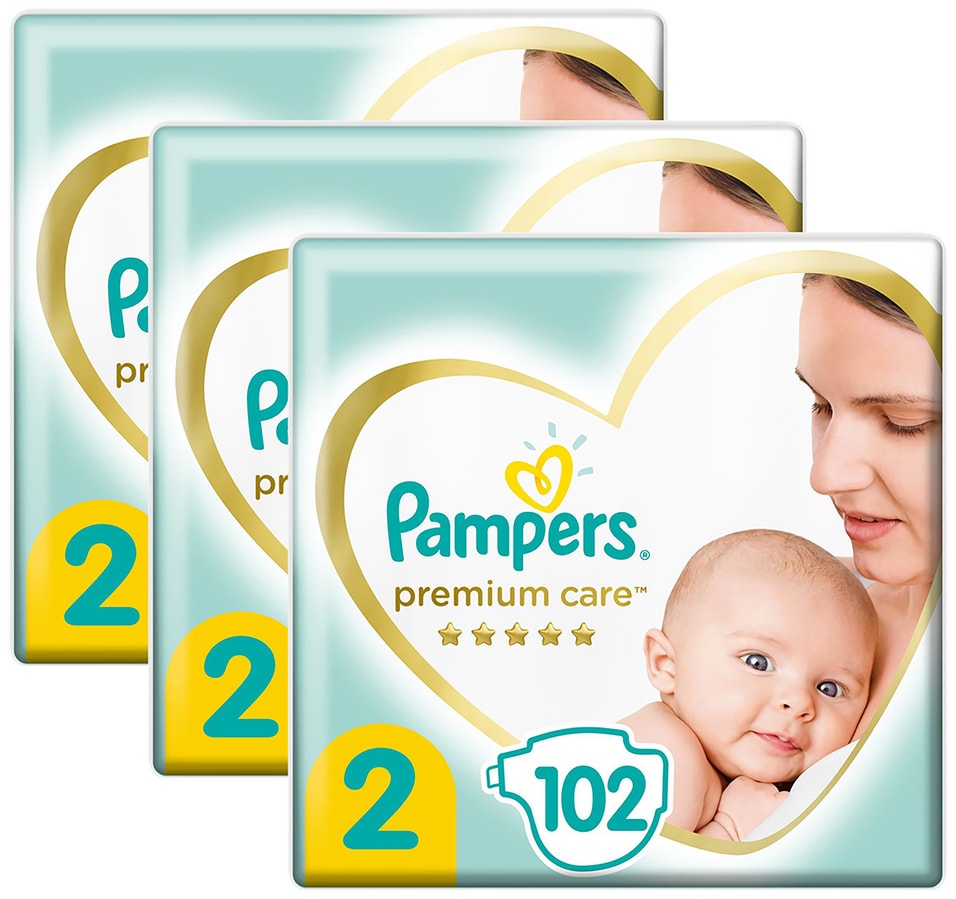 Подгузники для новорожденных Pampers Premium Care 2 размер 4-8кг ультрамягкие 102шт упаковка 2 шт 3238₽