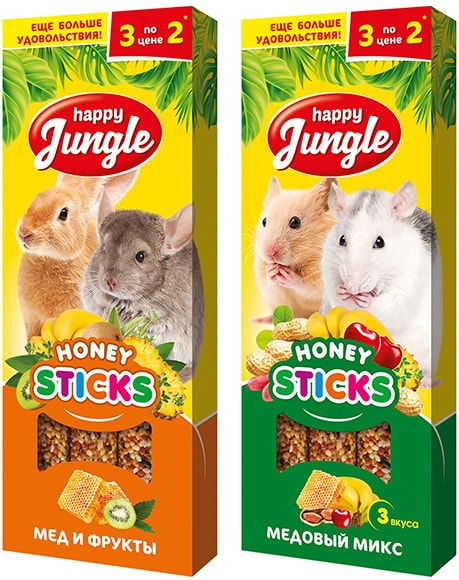 Набор лакомств для грызунов Happy Jungle Микс 3 вкуса 3шт 90г + Мед и овощи 3шт 90г