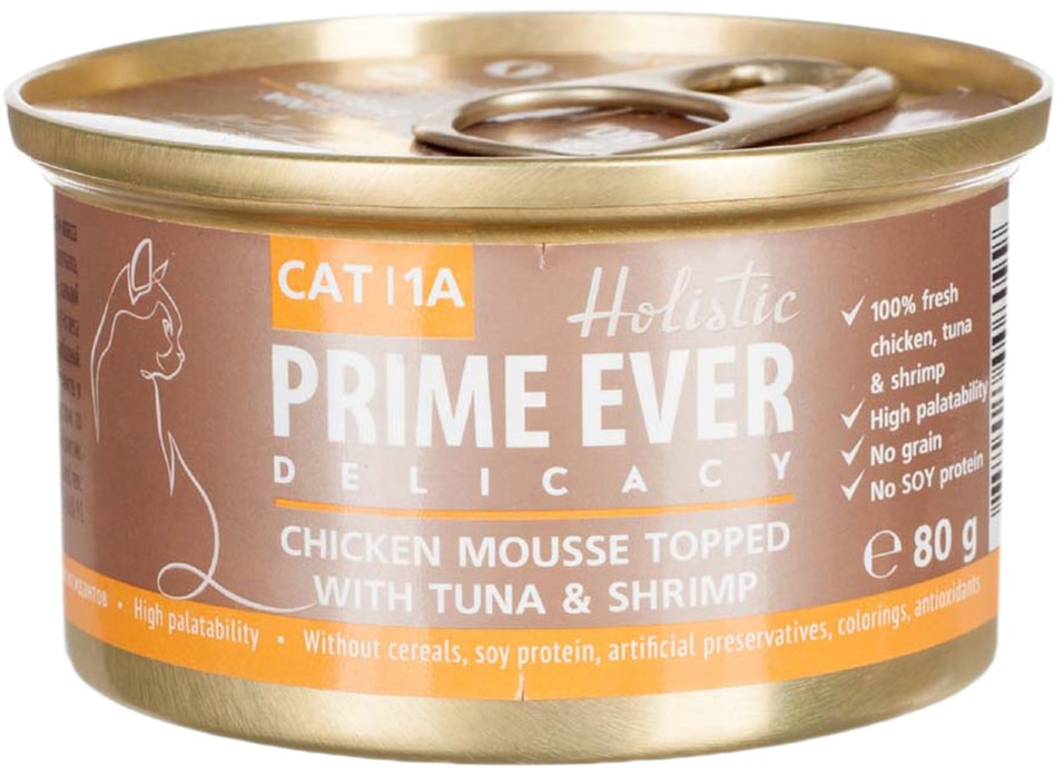 Влажный корм для кошек Prime Ever 1A Delicacy Мусс цыпленок с тунцом и креветками 80г (упаковка 6 шт.)