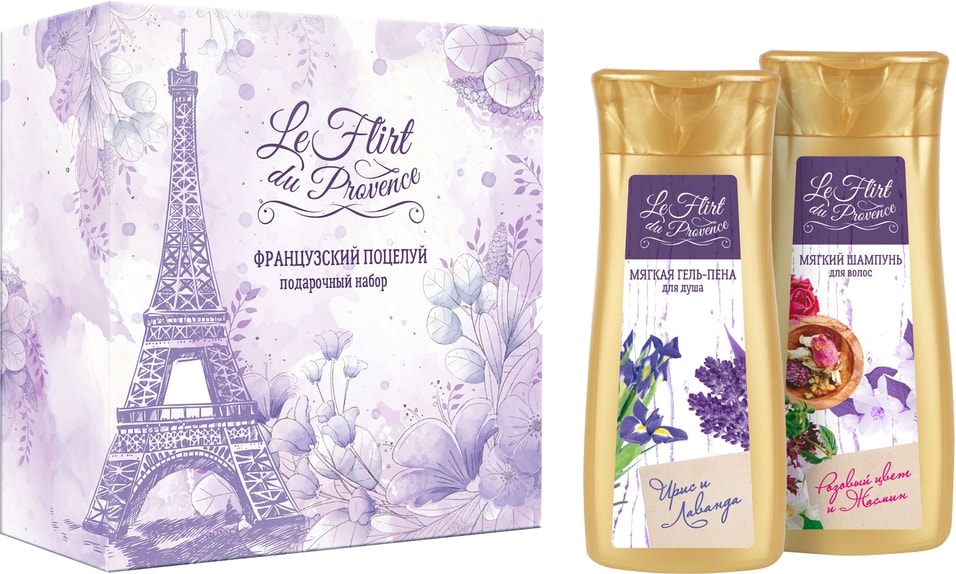 Подарочный набор Le Flirt du Provence Французский поцелуй Шампунь для волос Розовый цвет и жасмин 130мл + Мягкая гель-пе