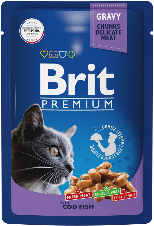 Влажный корм для кошек Brit Premium с треской в соусе 85г упаковка 14 шт 1020₽