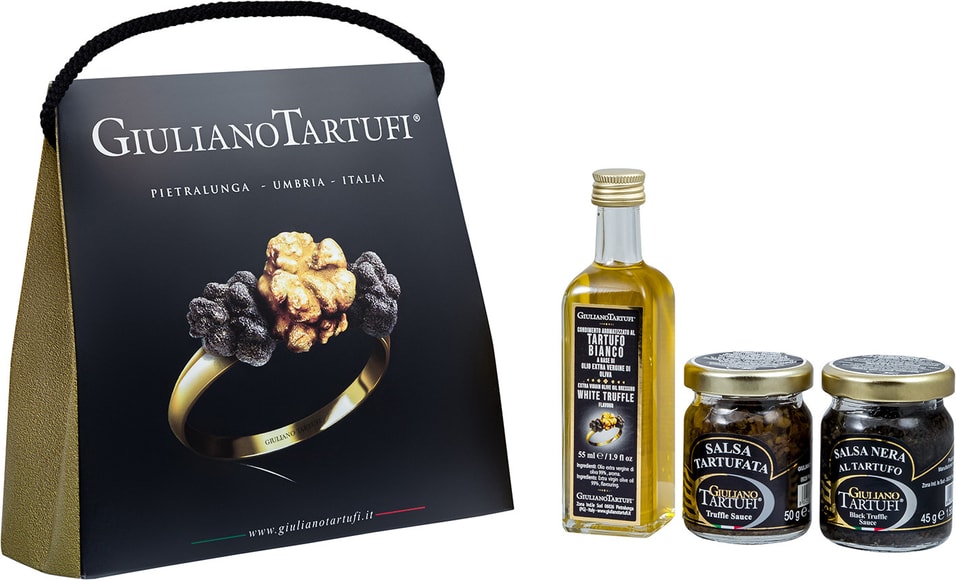 Набор Giuliano Tartufi Соус сальса тартуфата 50г +Соус сальса нера аль тартуфо 45г +Масло оливковое ароматизированное бе