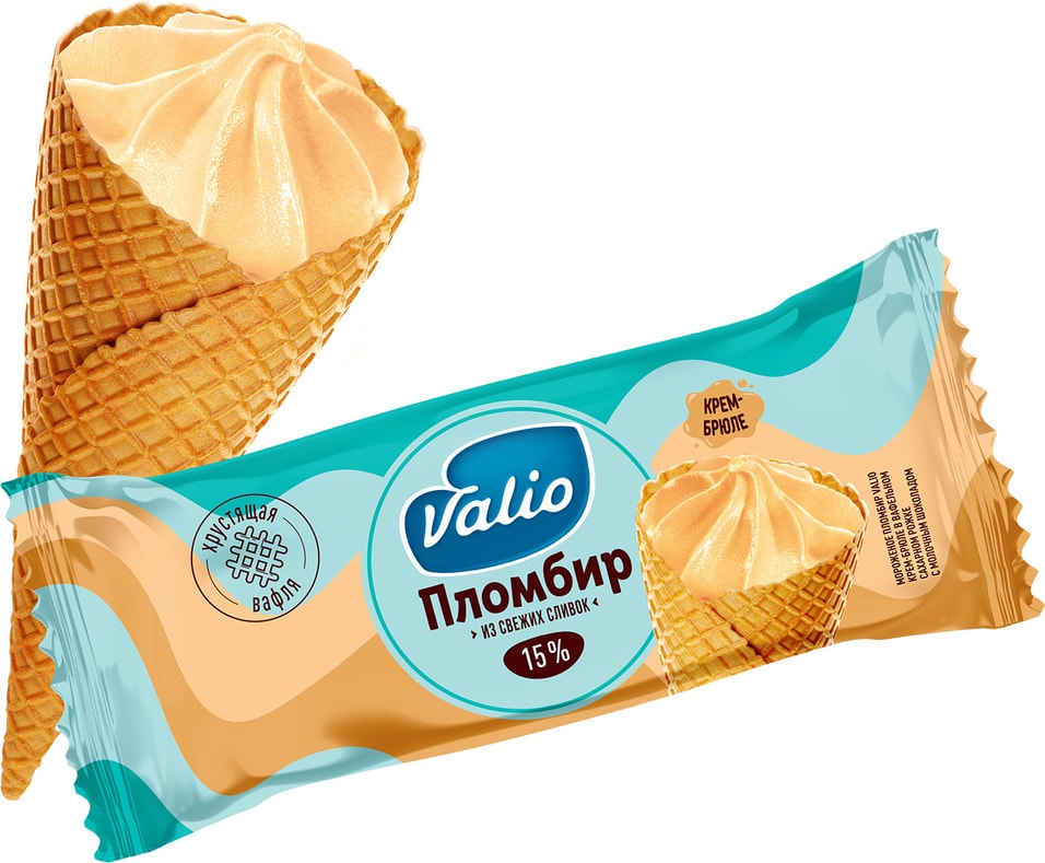 Отзывы о Мороженом Valio пломбир крем-брюле с молочным шоколадом в вафельном сахарном рожке 90г