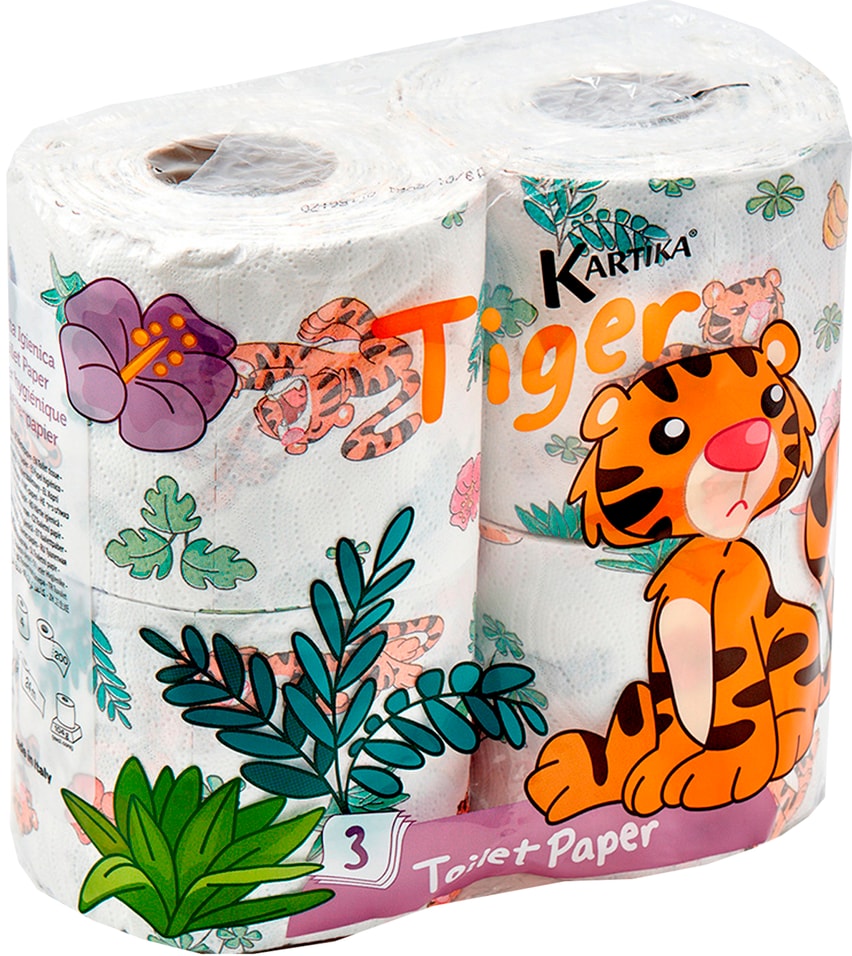 Туалетная бумага  World Cart Kartika Collection Тигр с рисунком 3 слоя 4 рулона 200 листов