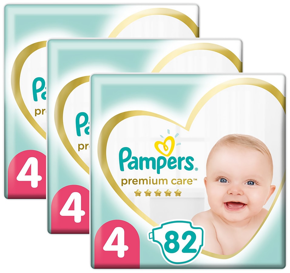 Подгузники Pampers Premium Care 4 размер 9-14кг ультрамягкие 82шт упаковка 2 шт 4318₽