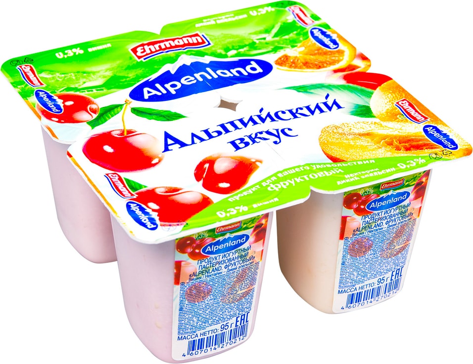 Продукт йогуртный Alpenland Вишня Нектарин-дикий апельсин 0.3% 4шт*95г