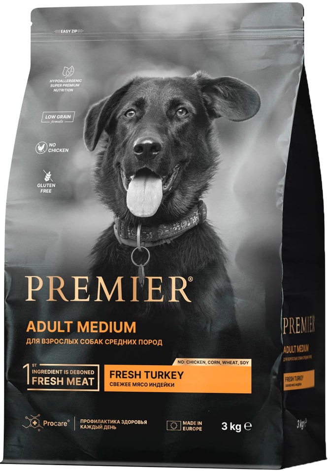 Сухой корм для собак Premier Dog Turkey Adult Medium Свежее мясо индейки 3кг