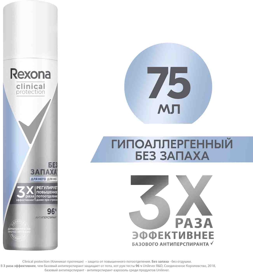 Антиперспирант-дезодорант Rexona Clinical protection Гипоаллергенный без запаха 75мл