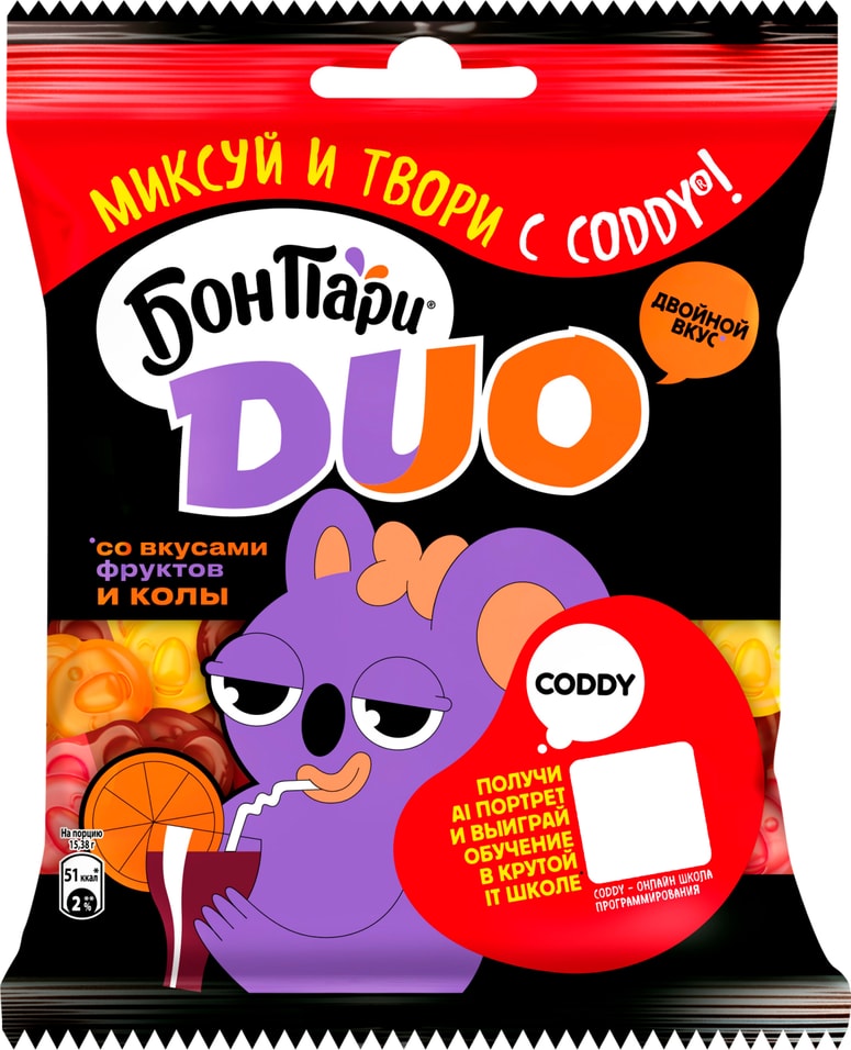 Мармелад Бон Пари Duo Сладкий джоуи со вкусами фруктов и колы 100г 138₽