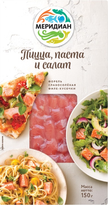 Форель Меридиан Филе-кусочки слабосоленая Пицца паста и салат 150г