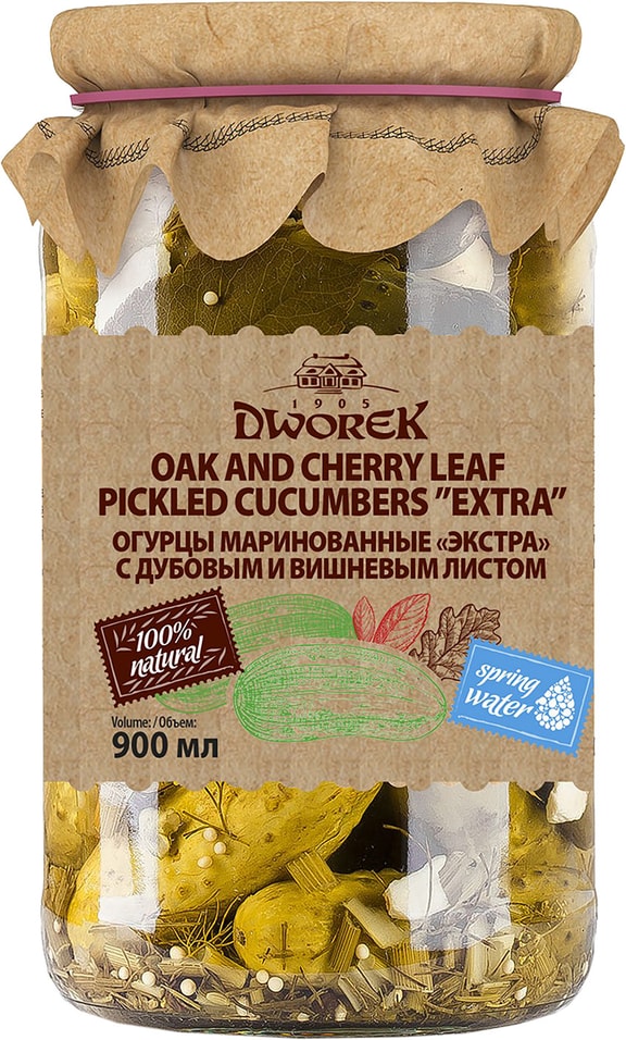 Огурцы Dworek маринованные экстра с дубовым и вишневым листом 860г