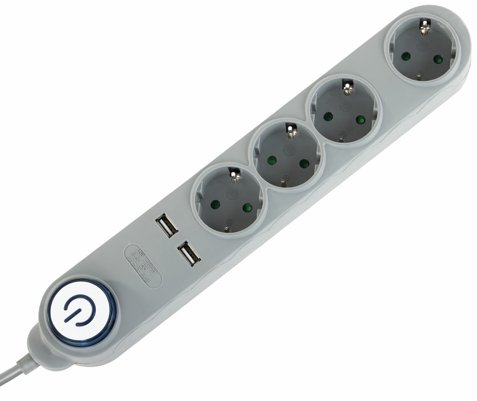 Сетевой фильтр Sonnen DX04 4 розетки 2 USB-порта заземление 10А 1.5м серый