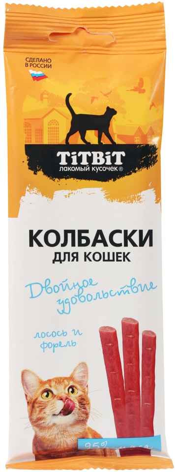 Колбаски для кошек TiTBiT Двойное удовольствие с лососем и форелью 45г 109₽