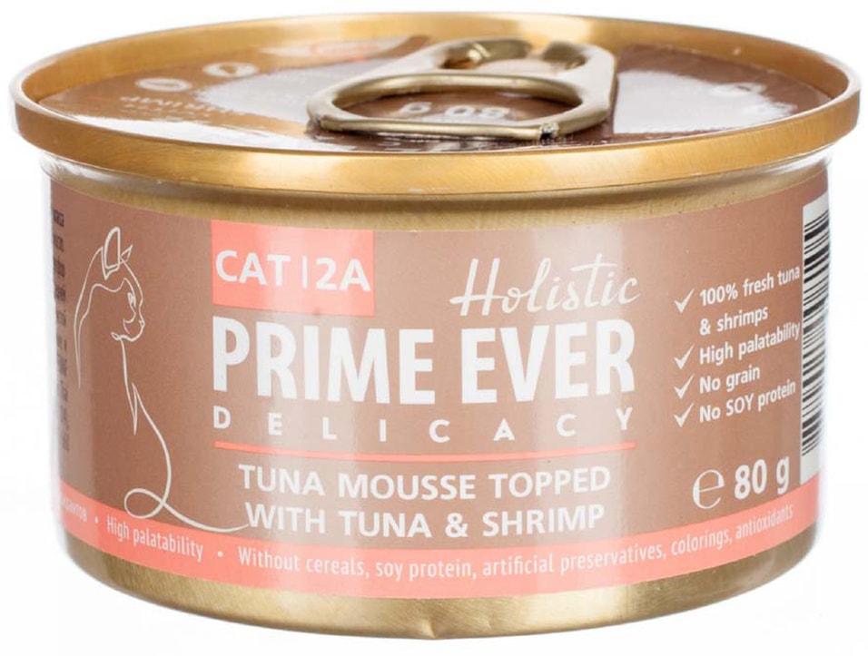 Влажный корм для кошек Prime Ever 2A Delicacy Мусс тунец с креветками 80г (упаковка 6 шт.)