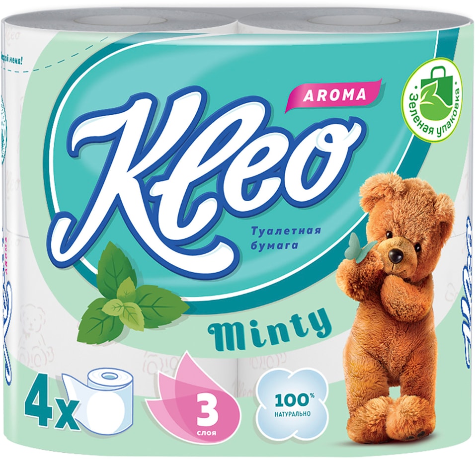 Туалетная бумага Kleo Aroma с ароматом мяты 4 рулона 3 слоя