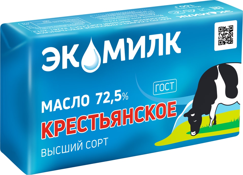Масло сливочное Экомилк Крестьянское 72.5% сладко-сливочное 160г