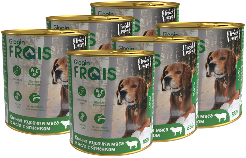 Влажный корм для собак Frais HD Сочные кусочки мяса в желе с ягненком 850г (упаковка 6 шт.)