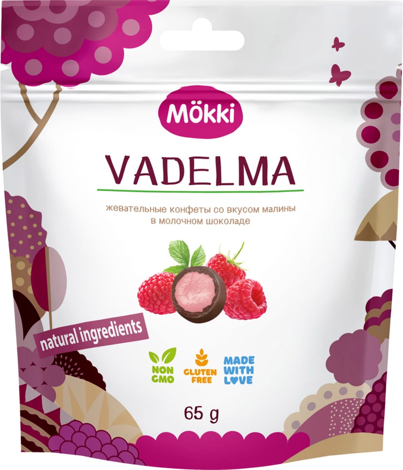 Жевательные конфеты Mokki в молочном шоколаде со вкусом малины 65г 104₽