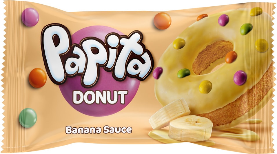 Кекс Papita Donut с какао-глазурью банановой начинкой и цветным драже 40г