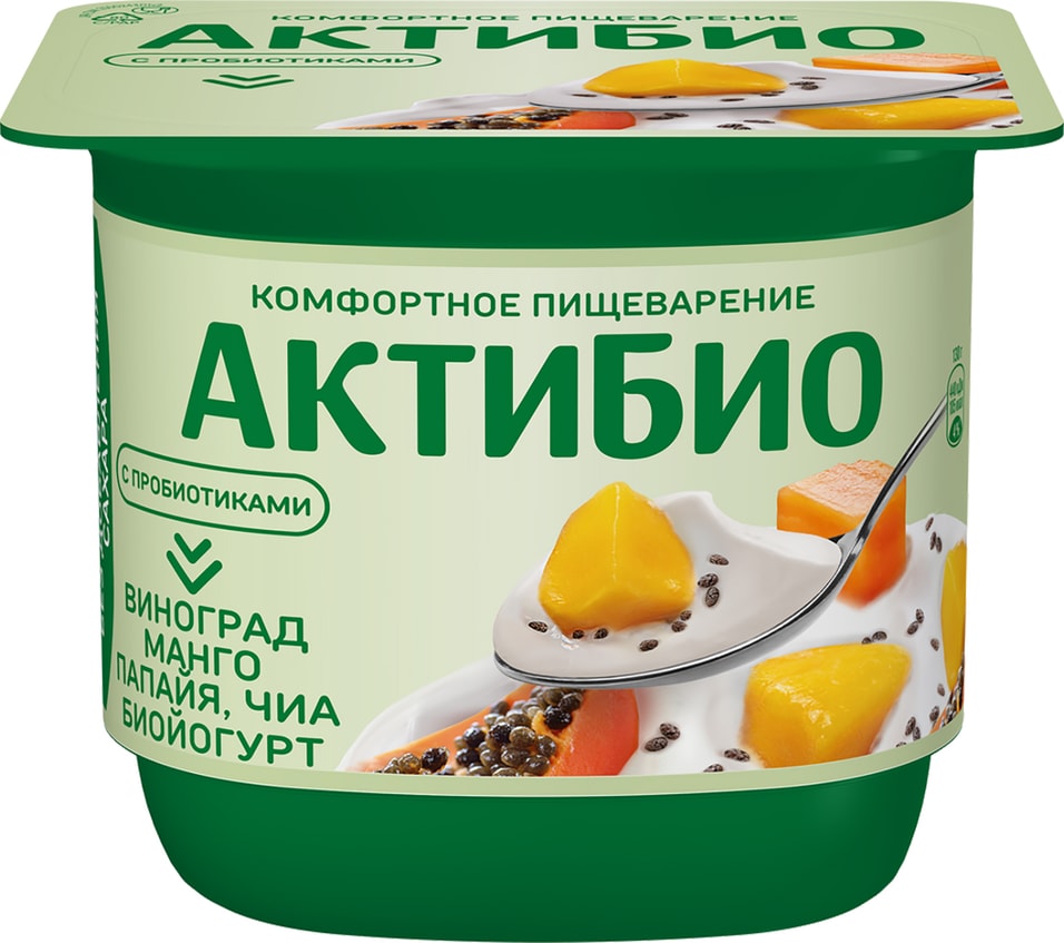 Био йогурт АКТИБИО Blactis с бифидобактериями виноград манго папайя семена чиа 2.9% 130г