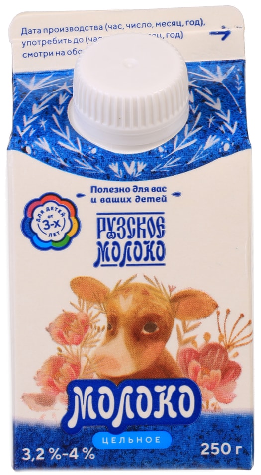 Молоко Рузское цельное пастеризованное 3.2-4% 250г