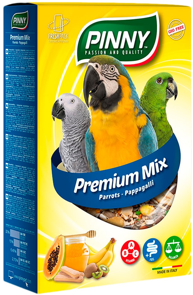 Корм для средних и крупных попугаев Pinny с фруктами бисквитом и витаминами 700г