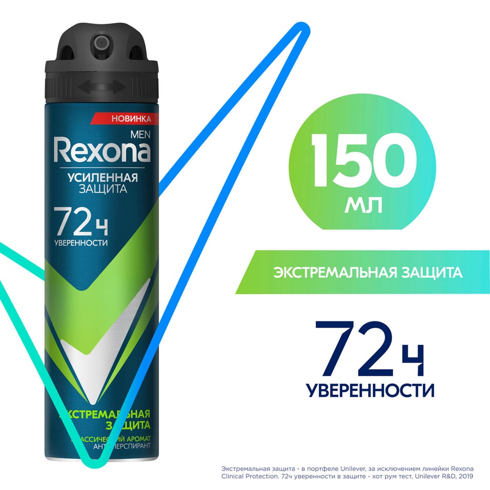 Антиперспирант-аэрозоль Rexona Экстремальная защита 72ч нон-стоп защита от пота и запаха 150мл