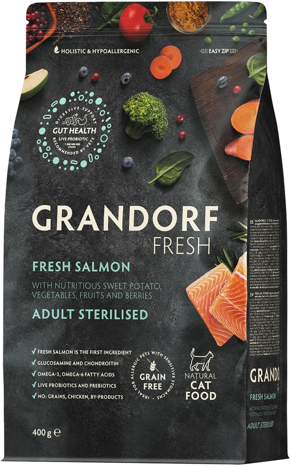 Сухой корм для кошек Grandorf Fresh Cat Sterilised Свежее филе лосося с бататом для стерилизованных 400г 1119₽
