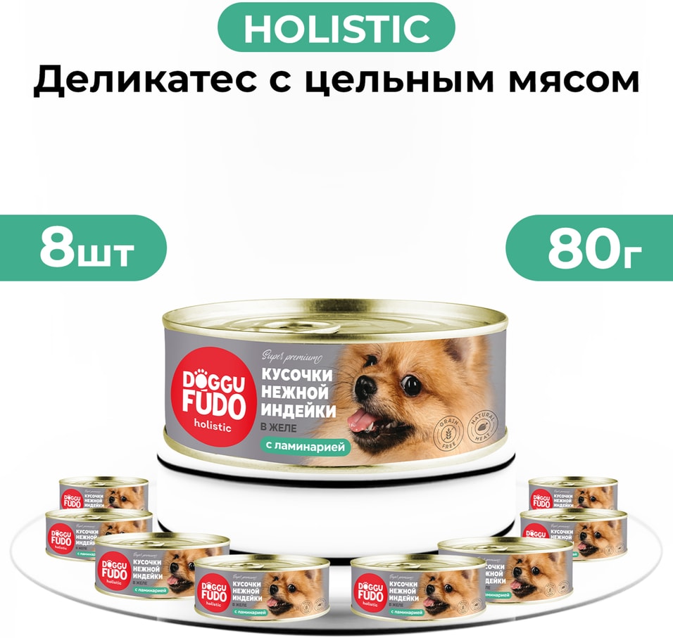 Влажный корм для собак Doggufudo Holistic Кусочки нежной индейки в желе с ламинарией 880г 1050₽