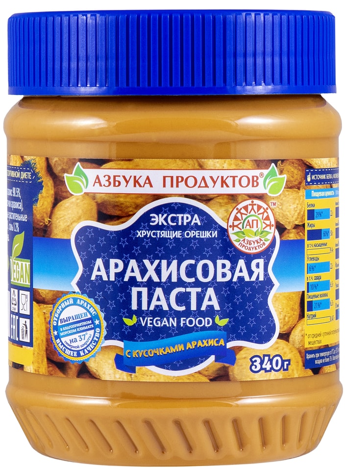 Паста арахисовая Азбука продуктов Экстра с кусочками арахиса 340г