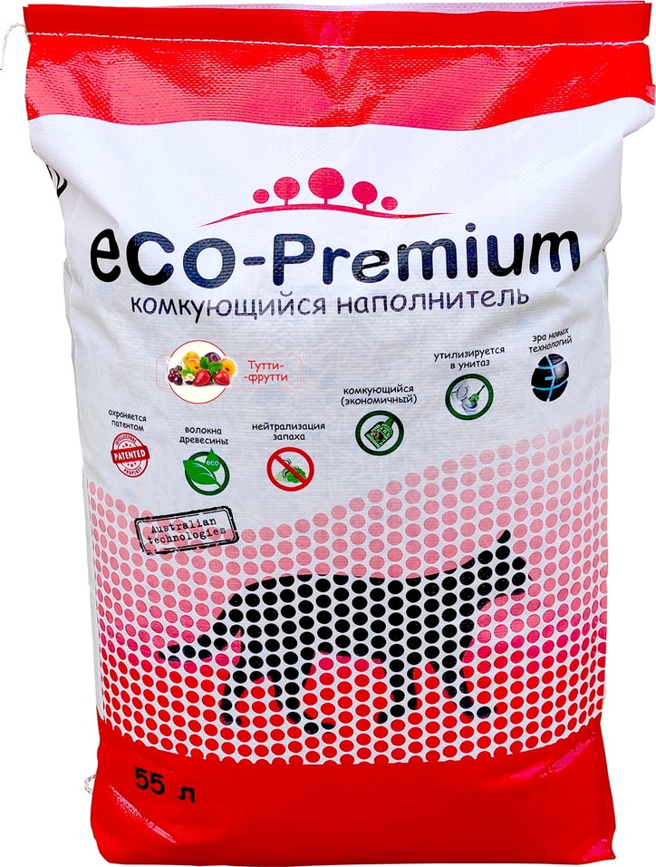Наполнитель для кошачьего туалета ECO Premium Тутти-фрутти древесный комкующийся 55л